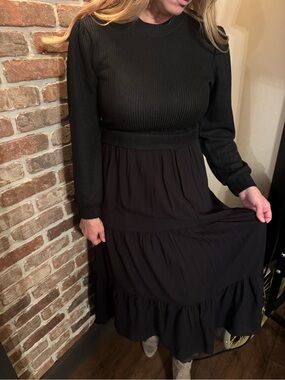 Mikarose Black Long Sleeve Tiered Maxi Dress